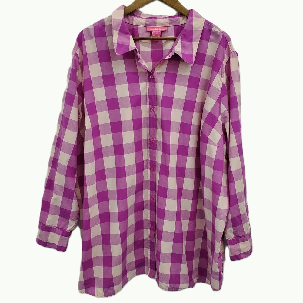 Woman Within Womens 3X‎ Pink Purple Plaid Button Up Long Sleeve Casual Shirt